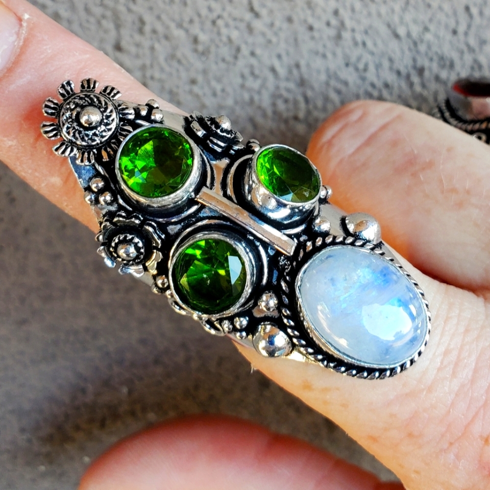 New Rainbow Moonstone & Peridot 925 Silver Statement Ring.